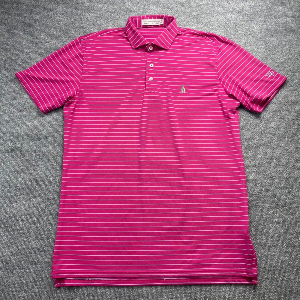Holderness & Bourne Men Pink Striped Tailored Fit Golf Polo Shirt Large VMP Logo